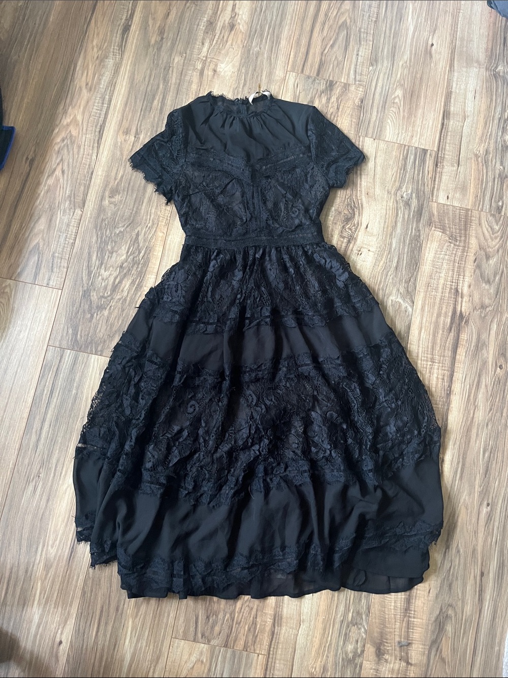 Women's Black Antoinette Lace Midi Dress - Classic Elegant Style XS